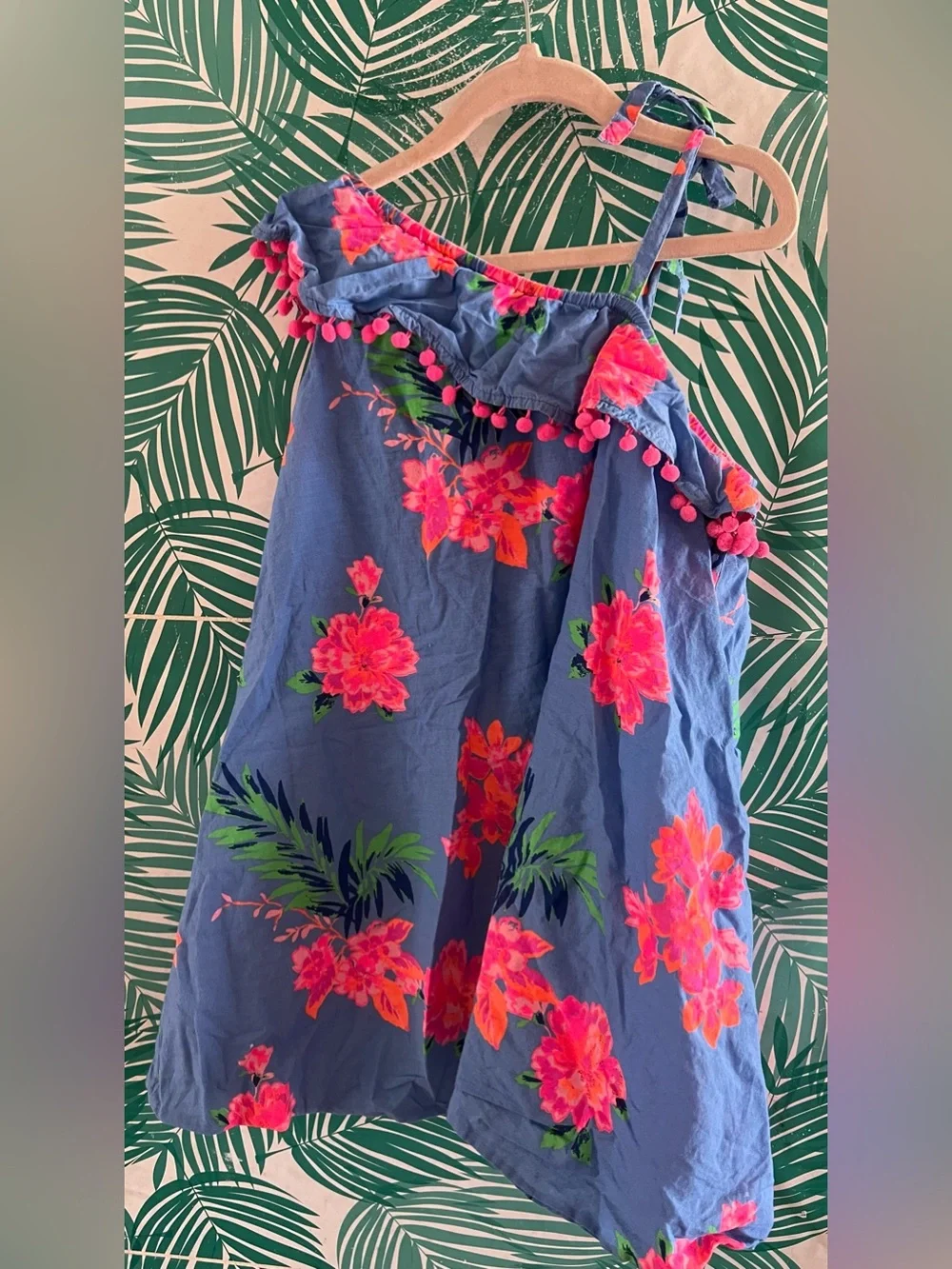 Tommy Bahama Blue & bright pink Tropical Pom-Pom Sundress w/ tie shoulder Sz 7